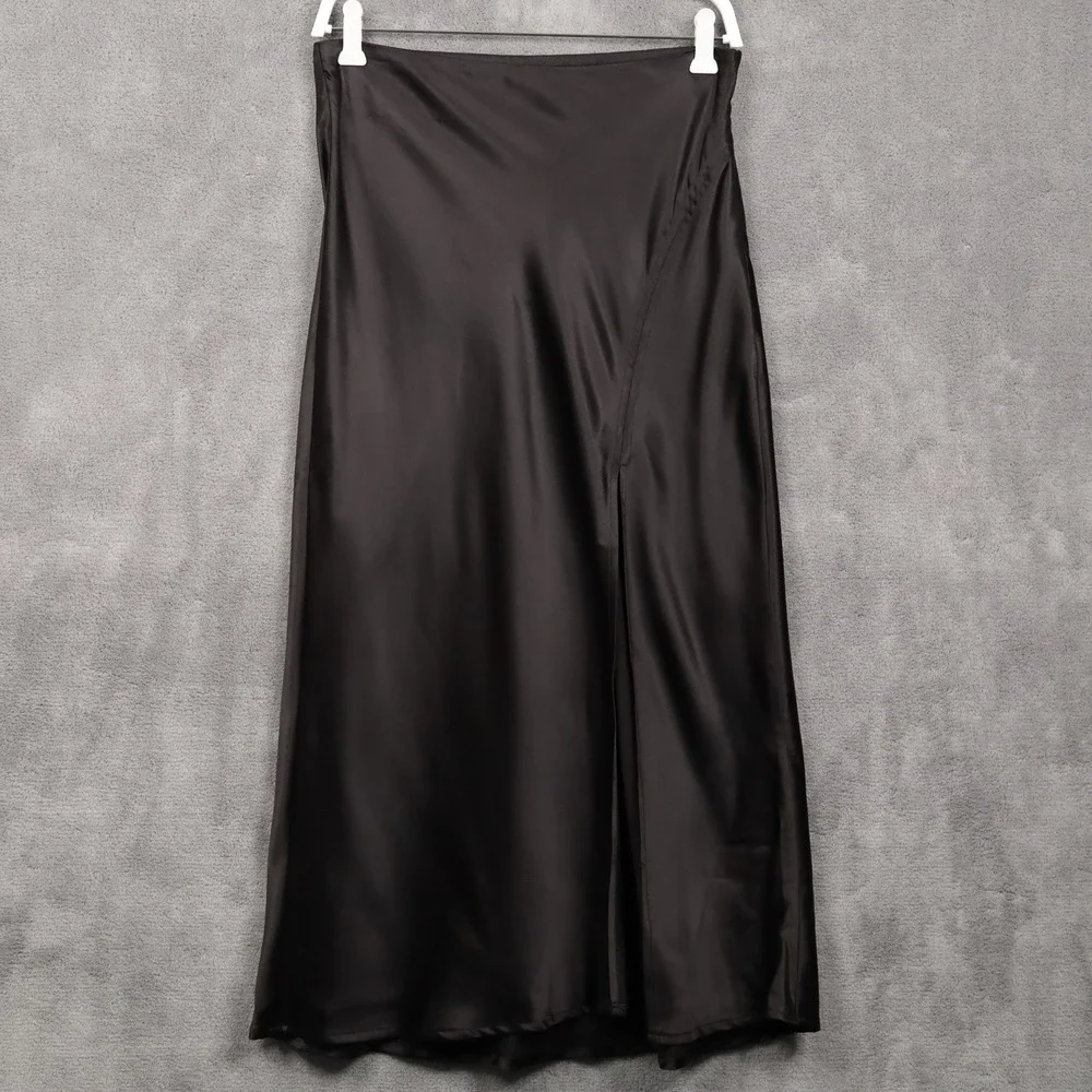 LULUS Smooth‎ Sophistication Black Satin Midi Skirt Side Slit High Waisted M NWT